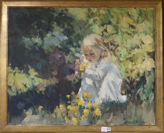 Louis van der Beesen (1938-) Child in a field of buttercups 79 x 99cm.